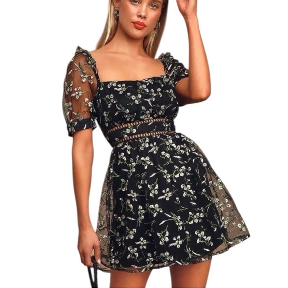 Lulus Radiant Love Black Floral Embroidered Short Puff Sleeve Skater Dress